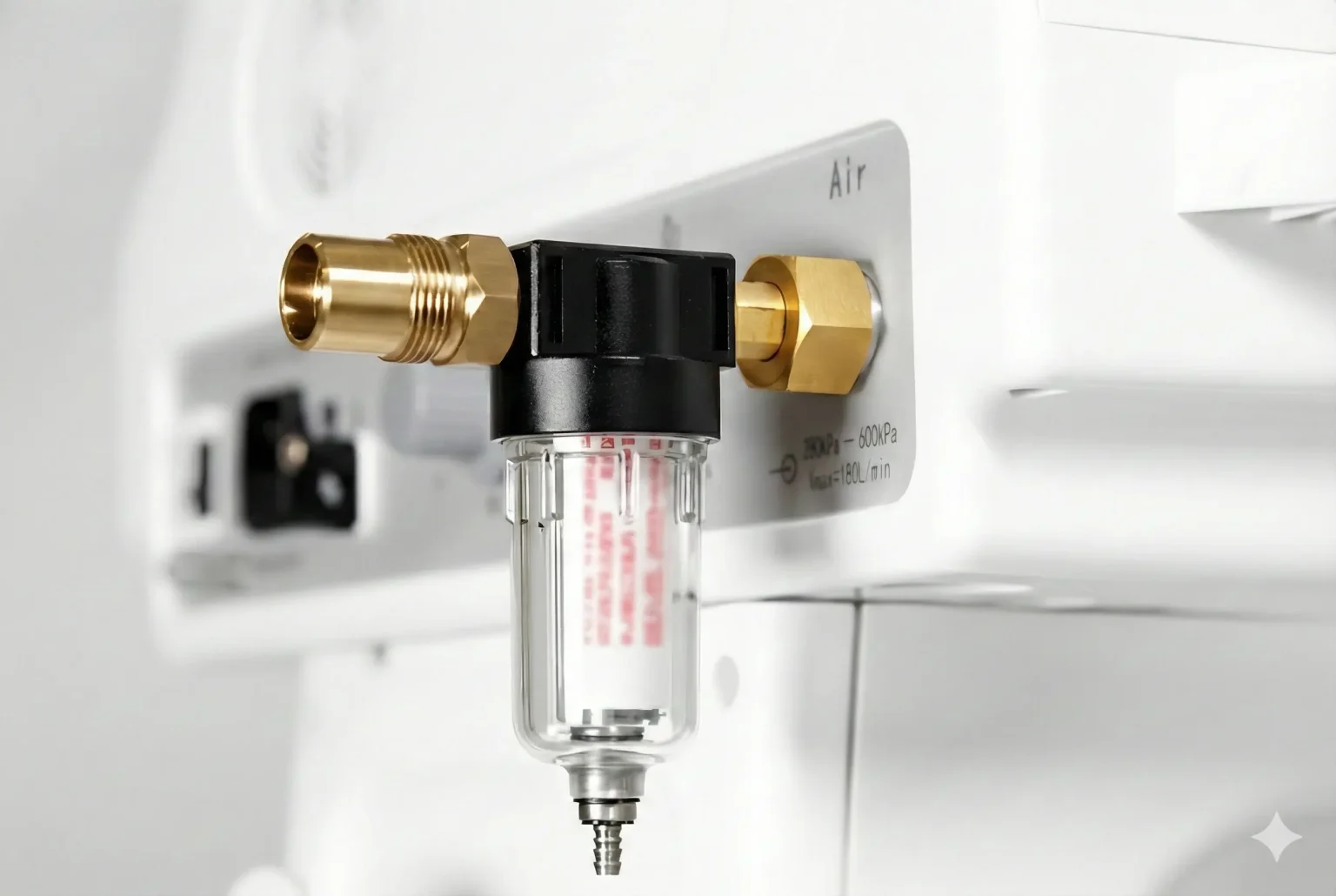 Filtro para compresor de aire instalado, disponible para venta y arriendo de equipos.