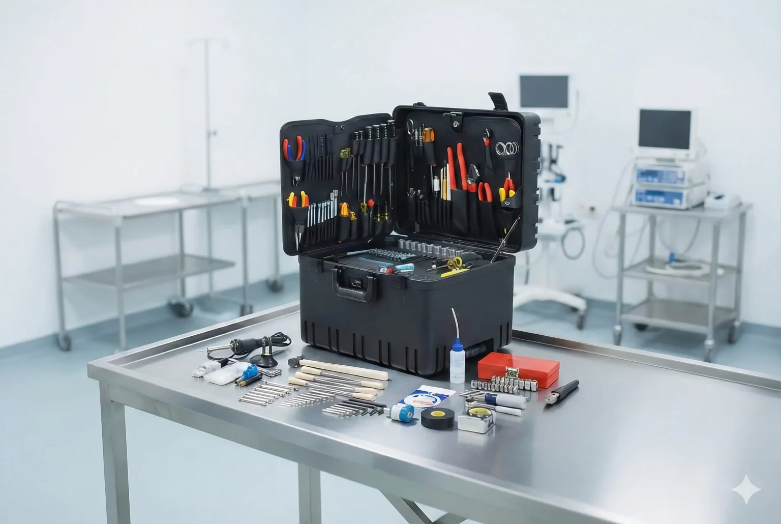 Herramientas de precisión para la calibración y cambio de componentes en áreas clínicas.